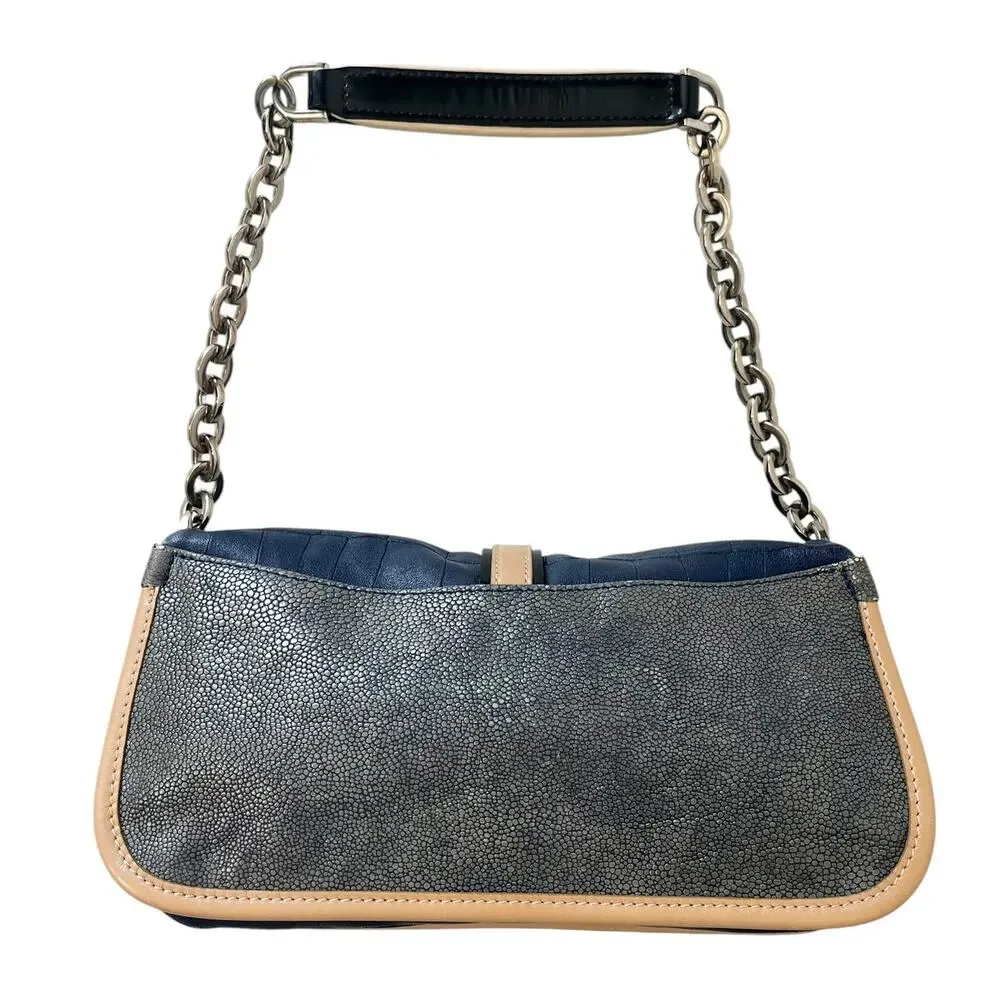 Longchamp More Is More Blue Croc Stingray Leather Chain Flap Shoulder Bag